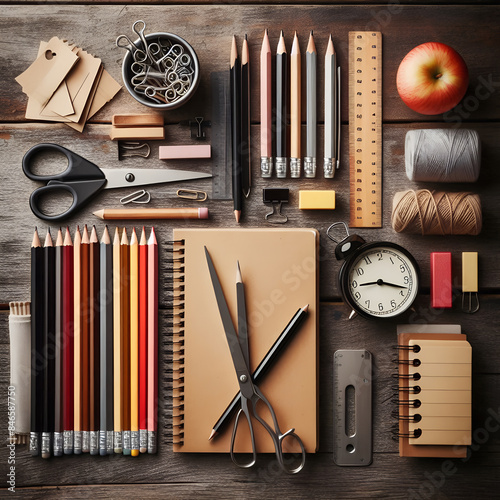 Beautifully arranged school supplies on a rustic wooden table. photo