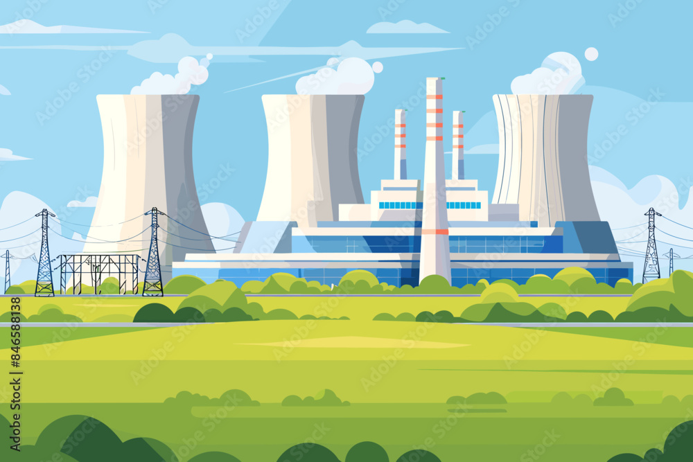 Nuclear power plant flat color vector illustration Industrial facility 2D cartoon landscape with atomic reactors in the background Energy manufacturing station, electricity production factory panorama