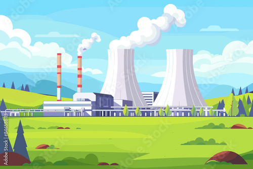 Nuclear power plant flat color vector illustration Industrial facility 2D cartoon landscape with atomic reactors in the background Energy manufacturing station, electricity production factory panorama