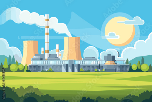 Nuclear power plant flat color vector illustration Industrial facility 2D cartoon landscape with atomic reactors in the background Energy manufacturing station, electricity production factory panorama