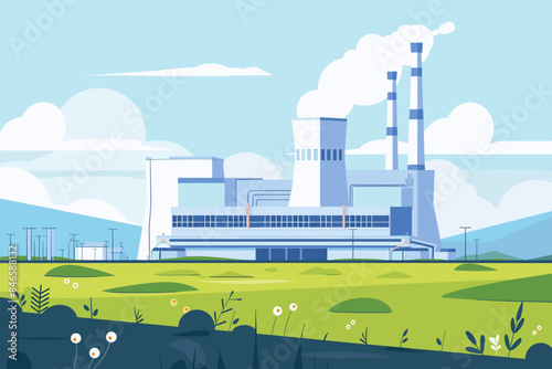 Nuclear power plant flat color vector illustration Industrial facility 2D cartoon landscape with atomic reactors in the background Energy manufacturing station, electricity production factory panorama