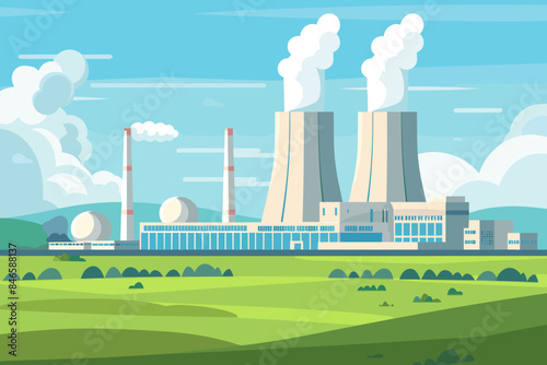 Nuclear power plant flat color vector illustration Industrial facility 2D cartoon landscape with atomic reactors in the background Energy manufacturing station, electricity production factory panorama