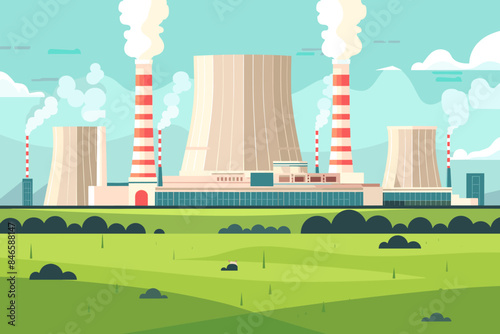 Nuclear power plant flat color vector illustration Industrial facility 2D cartoon landscape with atomic reactors in the background Energy manufacturing station, electricity production factory