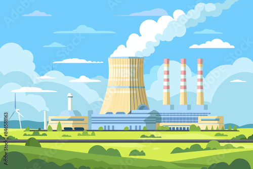 Nuclear power plant flat color vector illustration Industrial facility 2D cartoon landscape with atomic reactors in the background Energy manufacturing station, electricity production factory panorama