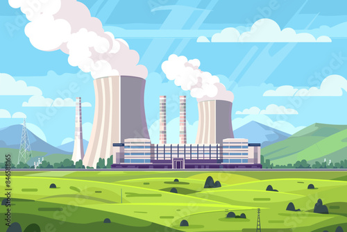 Nuclear power plant flat color vector illustration Industrial facility 2D cartoon landscape with atomic reactors in the background Energy manufacturing station, electricity production factory panorama