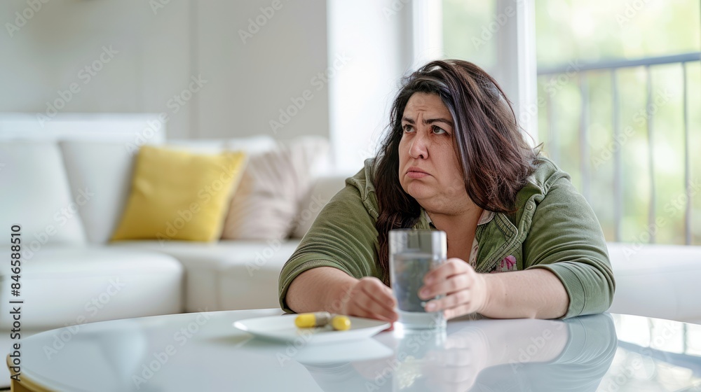 An overweight American woman lying with water and a pill looking worried at the side effects on her face An overweight American woman lying with water and a pill looking worried at the side effects on her face