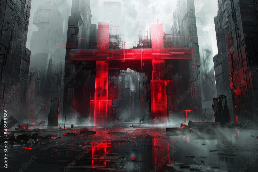 Naklejka premium Futuristic red digital cityscape with glowing lights, representing advanced technology and urban innovation in a sci fi inspired setting