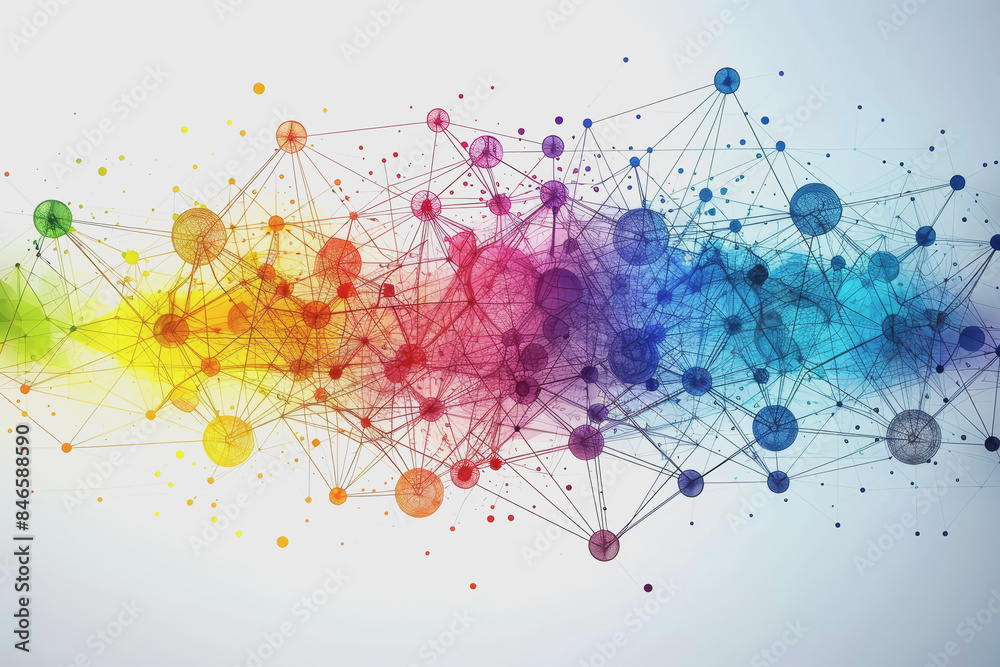 Abstract futuristic wave with colorful lines connecting dots. digital data communication background.
