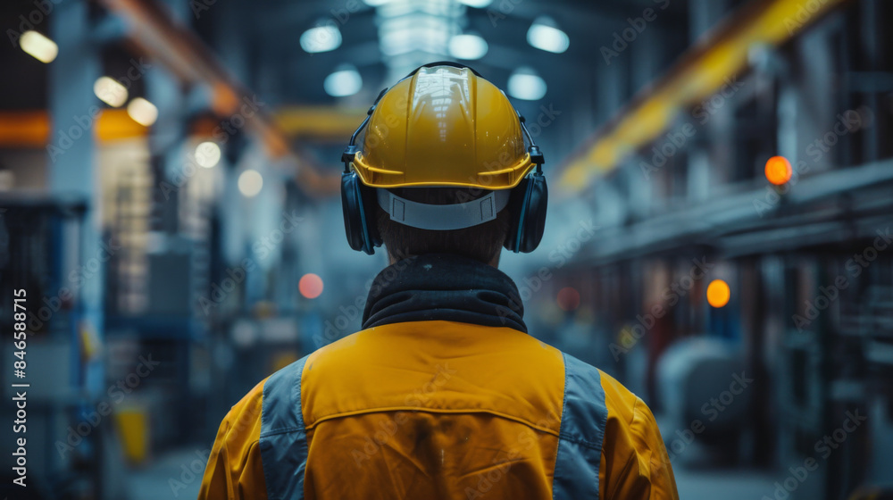 Rear view of an industrial worker wearing a hard hat and ear protection, standing in a large factory setting. Rear view of an industrial worker wearing a hard hat and ear protection, standing in a large factory setting.