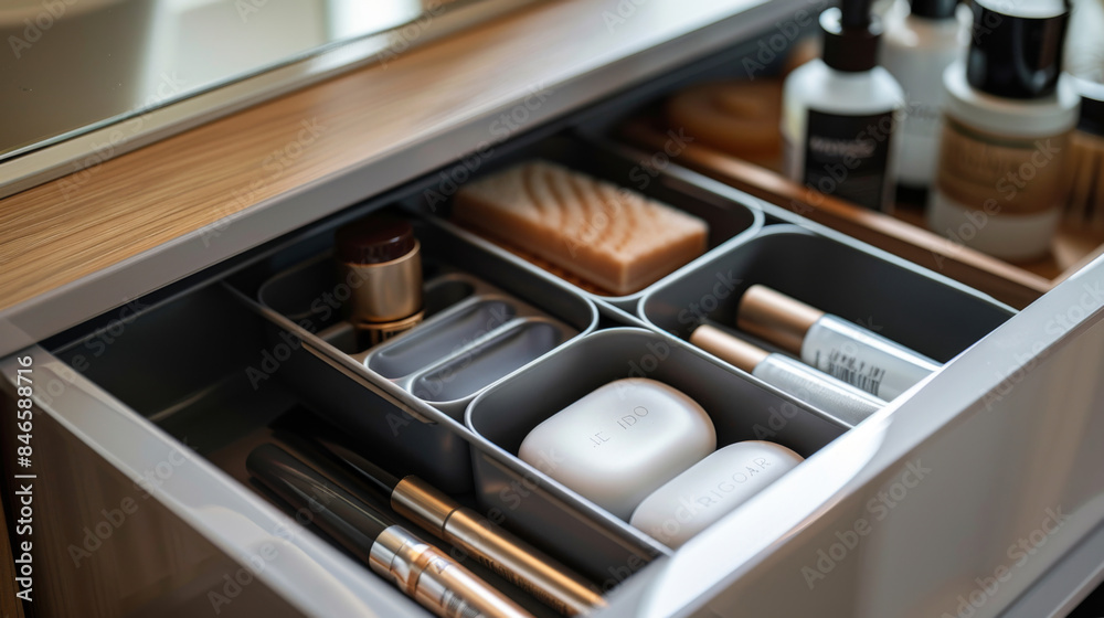 A neatly organized vanity drawer containing makeup, brushes, soaps, and skincare products for efficient beauty routines. A neatly organized vanity drawer containing makeup, brushes, soaps, and skincare products for efficient beauty routines.