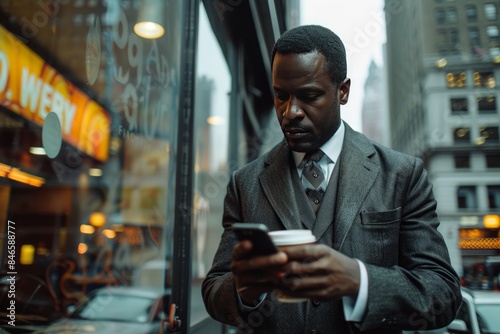 dapper man in a suit taking a break in an urban setting, using his phone while sipping coffee. photo