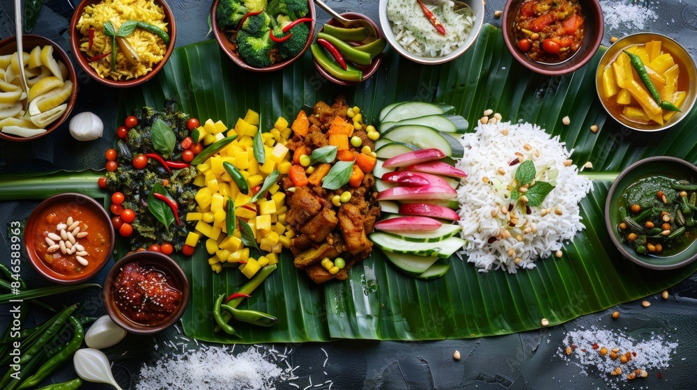 Fototapeta premium A colorful array of vegetarian dishes arranged on a banana leaf in all its natural beauty.