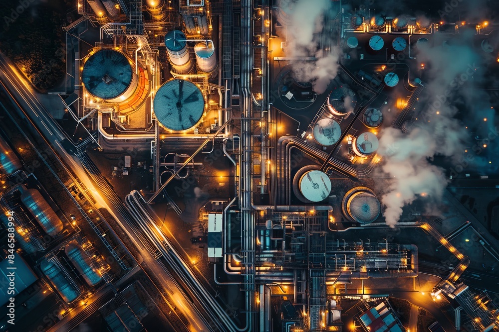 A birds eye view of a modern industrial complex showcasing intricate pipelines and glowing lights. The image embodies the concept of Industry 4.0, highlighting automation, data connectivity A birds eye view of a modern industrial complex showcasing intricate pipelines and glowing lights. The image embodies the concept of Industry 4.0, highlighting automation, data connectivity