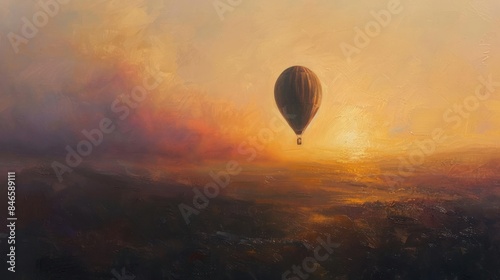 A hot air balloon ascends into a dramatic sunset sky, with clouds and distant landscape below.