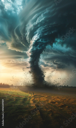Massive tornado churning across the open countryside under dark, ominous storm clouds, illustrating the immense power and dramatic impact of extreme weather events on rural landscapes