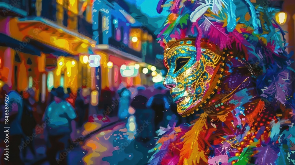 Obraz premium A masked figure adorned with colorful feathers and beads stands out in a bustling, vibrant street scene.