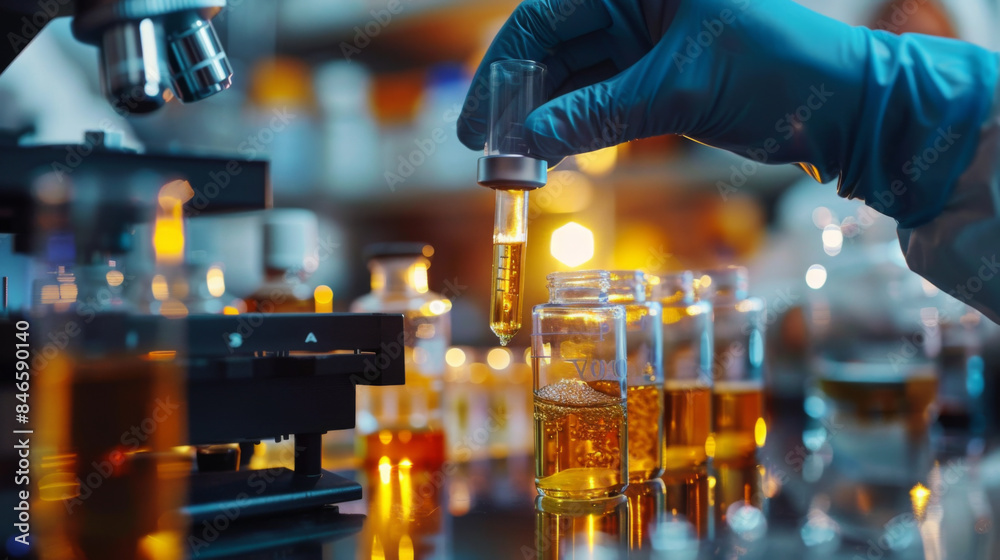 Scientist handling liquid samples in a laboratory with various glass containers, showcasing scientific research and experimentation. Scientist handling liquid samples in a laboratory with various glass containers, showcasing scientific research and experimentation.