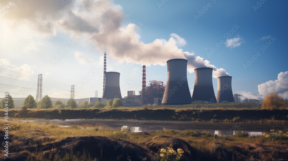 Industrial Scene of Coal Power Plant with White Smoke Emitting from Chimneys and Large Mining Colliery in Front Under Blue Sky Industrial Scene of Coal Power Plant with White Smoke Emitting from Chimneys and Large Mining Colliery in Front Under Blue Sky