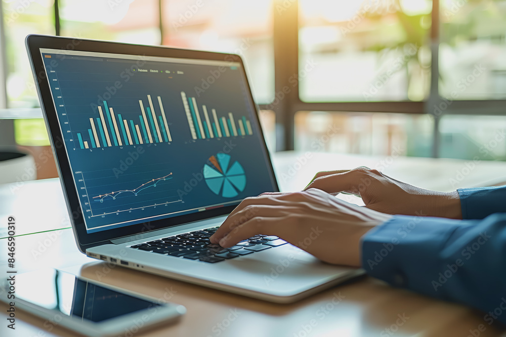 business man hand working on laptop computer financial with graphic graph chart diagram statistics.