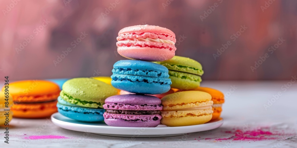 Fototapeta premium A pile of delicious rainbow colored macarons, afternoon tea, snack, dessert, Happy New Year background, birthday, festive, colorful, Christmas, Women's Day, Valentine's Day, dream, gift, souvenir, wed