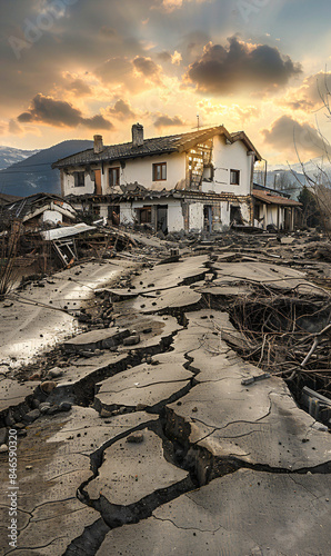 Devastating earthquake impacts rural villages, causing severe structural damage and leaving landscapes in ruins, capturing the raw power of natural disasters and their effect on human settlements