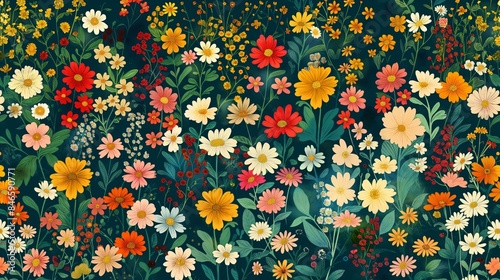 A mesmerizing array of blooming flowers in a midsummer meadow creates a vibrant and enchanting tapestry of colors and textures.
