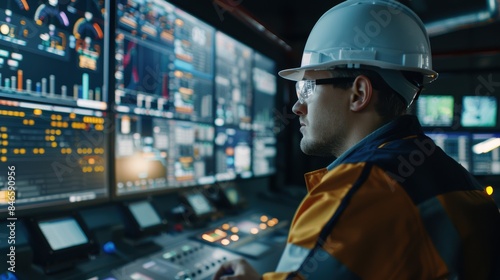Advanced control room of a clean energy company, featuring monitoring tools for grid technologies, with an engineer in a hard hat and glasses