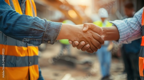 Architects in safety vests shaking hands over blueprints at a lively construction site Background features construction workers and machinery, emphasizing collaboration