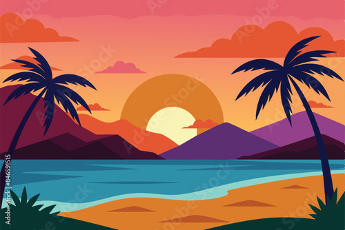 Landscape of a beautiful sunset on the beach. Warm, gorgeous sunset on a paradise beach. Calm ocean waves, palm trees and mountains vector © mobarok8888