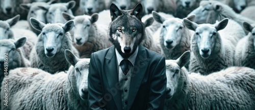 Business betrayal imagery with a wolf in a suit amidst sheep, symbolizing deceit and concealed motives in the corporate world