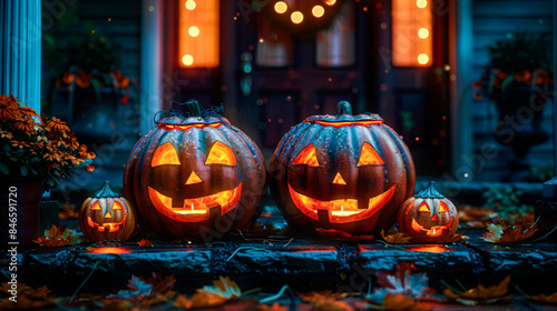 Jack-o'-lanterns on steps, Halloween night pumpkin photo