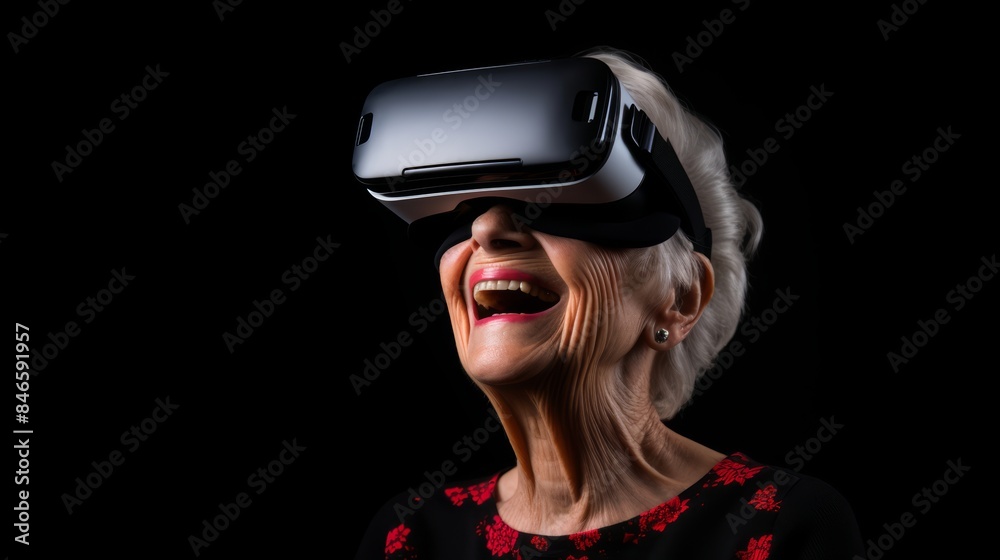 Elderly Woman in VR Headset on Dark Background with Space for Text Generative AI Elderly Woman in VR Headset on Dark Background with Space for Text Generative AI