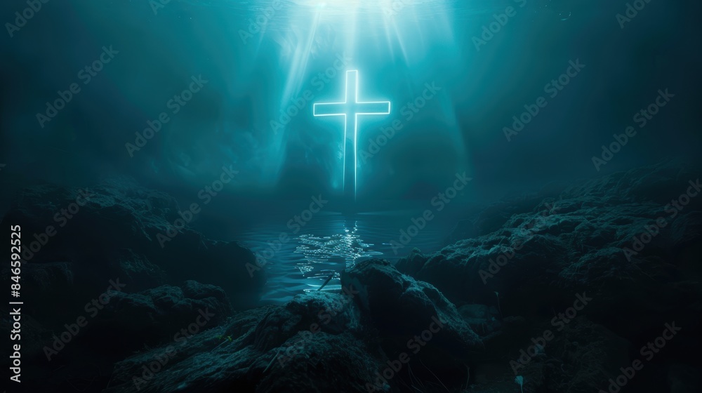 Fototapeta premium Dark blue ocean depths highlighted by a glowing cross above, creating a mystical scene