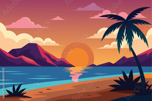 Landscape of a beautiful sunset on the beach. Warm  gorgeous sunset on a paradise beach. Calm ocean waves  palm trees and mountains vector