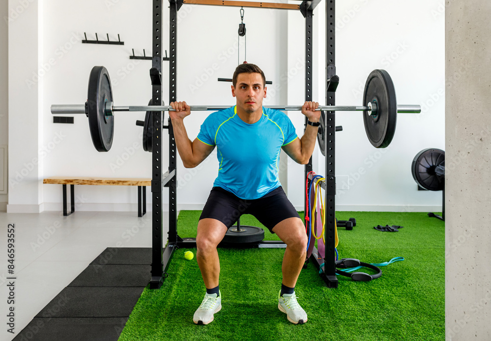 Man squatting with barbell in a modern home gym Man squatting with barbell in a modern home gym