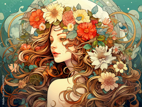 Abstract classic art decoration beautiful woman portrait with flower crown on hair, international women's day background illustration