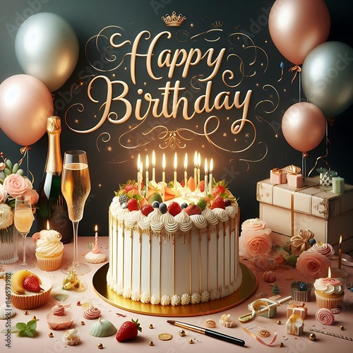 Happy birthday wallpaper with celebration cake, wine bottle and glass, balloons, giftbox with golden text 