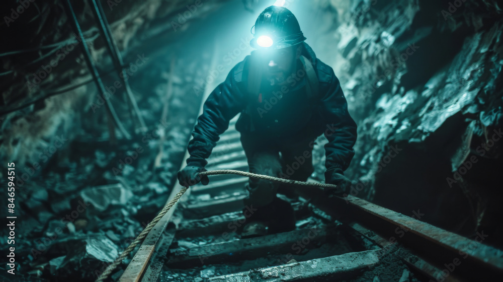 A miner climbs up a dark, narrow tunnel with a rope, symbolizing hard work, determination, and the mining industry. A miner climbs up a dark, narrow tunnel with a rope, symbolizing hard work, determination, and the mining industry.