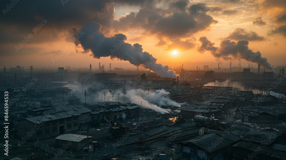 Obraz premium Industrial area with heavy pollution and smoke stacks at sunset, highlighting environmental issues and air pollution.