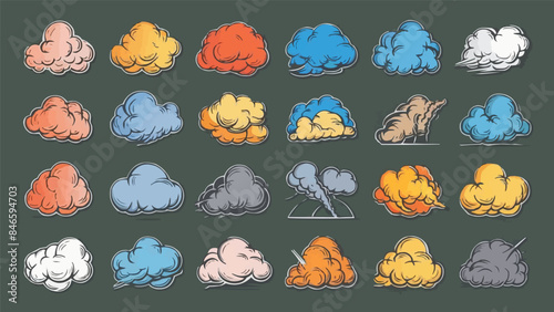 Adobe Illustrator ArtCartoon smoke clouds. Comic smoke flows, dust, smog and smoke steaming cloud silhouettes isolated vector illustration set. Wind silhouette steaming, smoke explosion, comic clowork
