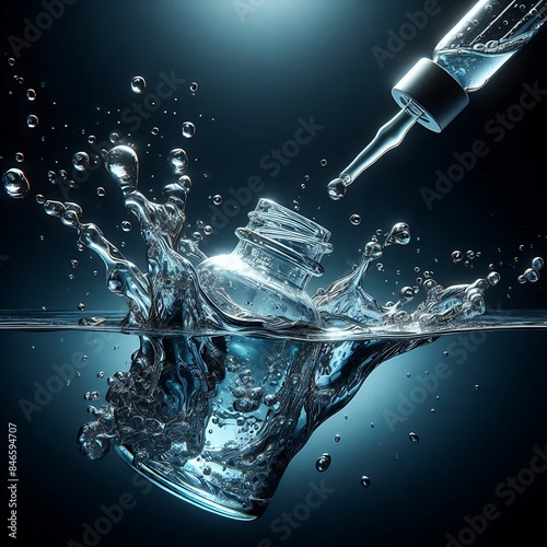 Dropper serum glass bottle plops into the clear water with the water splashing out, studio lighting background, image for advertising in poster promotion photo