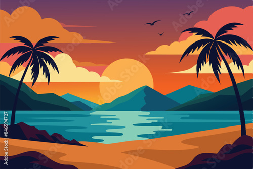 Landscape of a beautiful sunset on the beach. Warm, gorgeous sunset on a paradise beach. Calm ocean waves, palm trees and mountains vector © mobarok8888