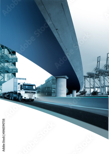 Dynamic long vehicle trailer truck on concrete bridge highway with container and port background