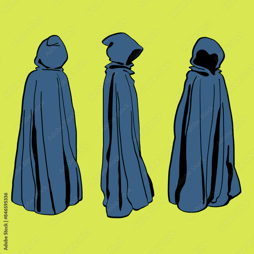 Stylized illustration set of mysterious loose blue wizard robe cloaked figures with face hidden in shadow turn around isolated on neon yellow background Stylized illustration set of mysterious loose blue wizard robe cloaked figures with face hidden in shadow turn around isolated on neon yellow background