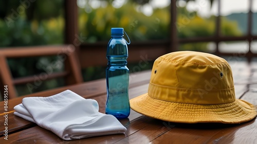 yellow bucket hat on the wooden table one water bottle on the table 