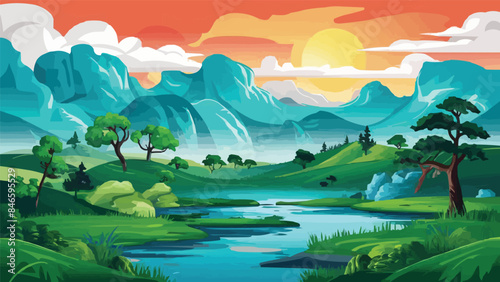 Mountain and lake landscape Chinese background. in traditional oriental, minimalistic Japanese style. Vector illustration