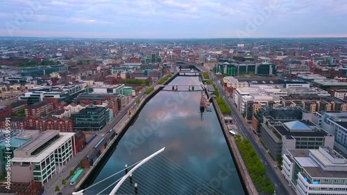 Aerial view over Dublin City Centre in Republic of Ireland. The drone is flying near the Dublin port.