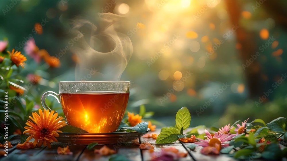 A cup of tea is sitting on a wooden table with flowers and leaves surrounding it A cup of tea is sitting on a wooden table with flowers and leaves surrounding it