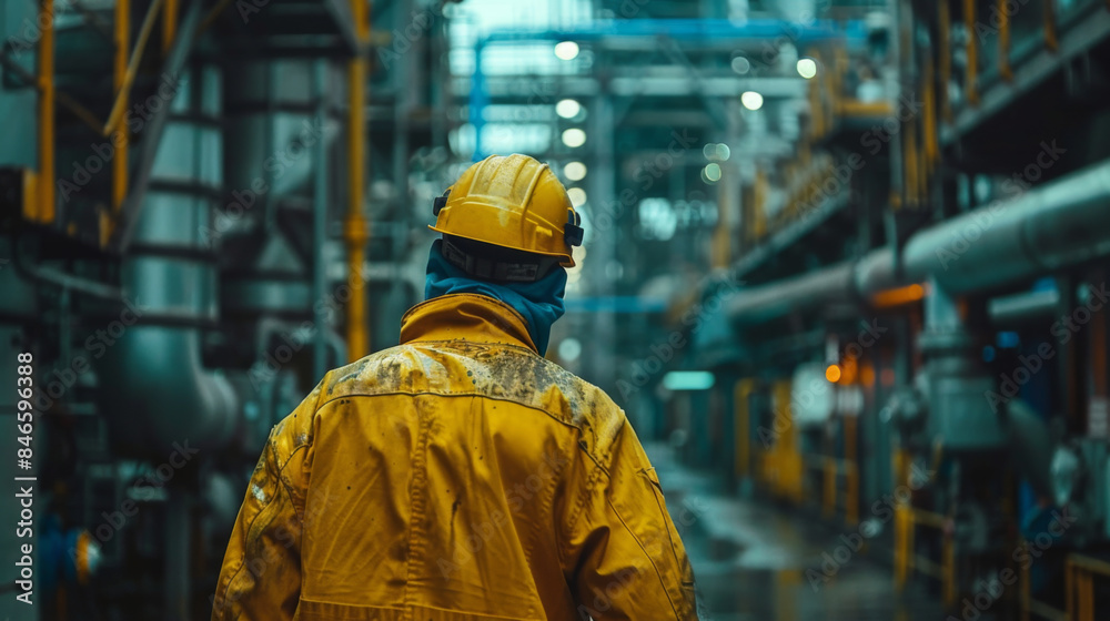 Worker in yellow protective gear walking through an industrial plant, highlighting safety and industrial environment. Worker in yellow protective gear walking through an industrial plant, highlighting safety and industrial environment.