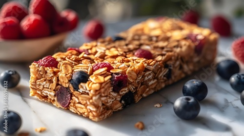 A bar of granola with blueberries and raspberries on top